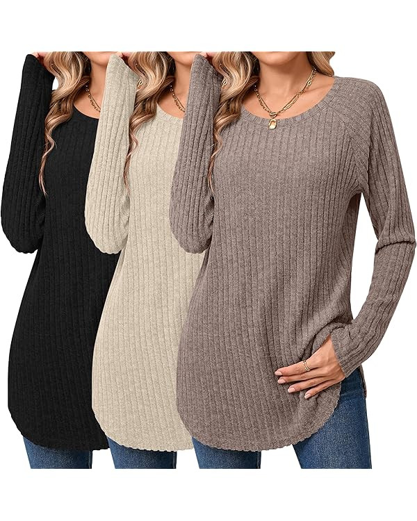 Ficerd 3 Pack Women's Curved Hem Long Sleeve Sweaters, Side Split Crew Neck Tunic Tops Loose Fit ... | Amazon (US)