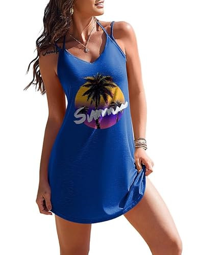 AI'MAGE Women's Spaghetti Straps Swimsuit Coverups Sleeveless Swimwear Coverups Bikini Cover Ups V Neck Beach Dress Blue Coconut Tree Small | Amazon (US)
