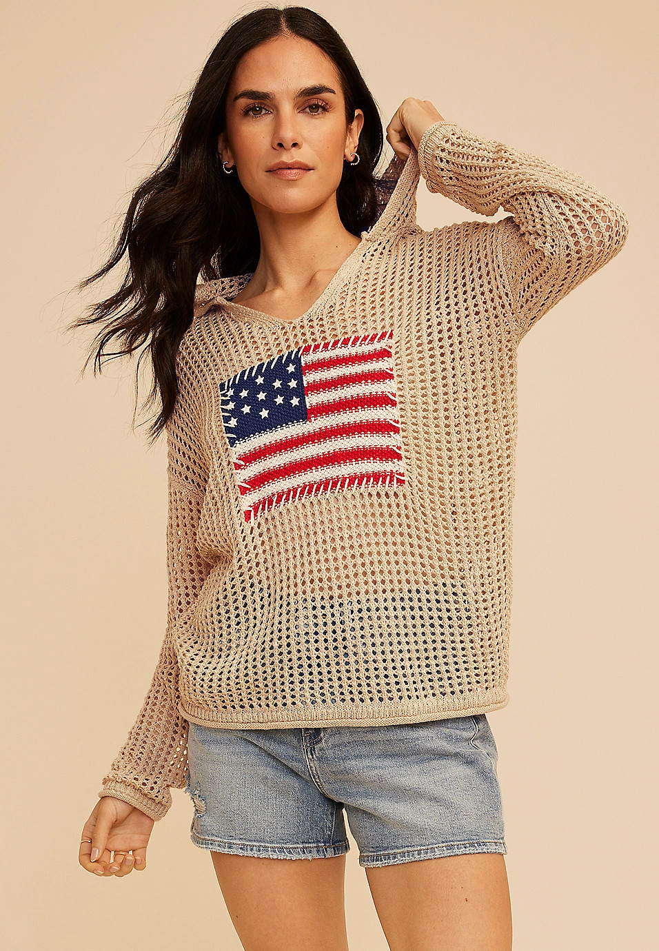 Americana Flag Open Stitch Hooded Pullover | Maurices