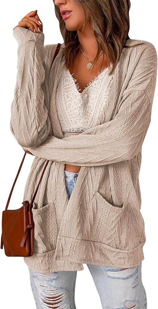 Astylish Ladies Lightweight Open Front Long Sleeve Textured Cable Knit Cardigan for Women Khaki M... | Amazon (US)