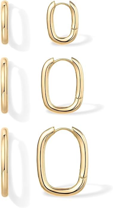 PAVOI 18K Gold Plated 925 Sterling Silver Posts 3 Pairs Chunky Gold Hoop Earrings Set | Lightweig... | Amazon (US)