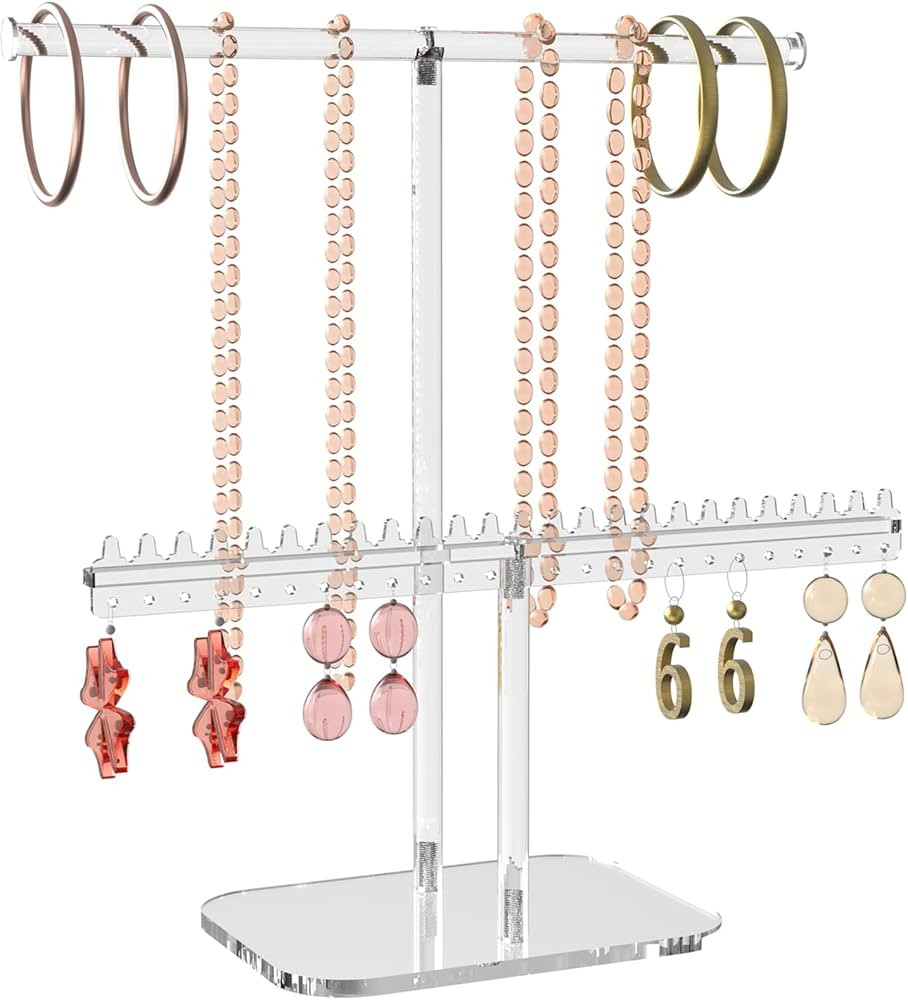 Premium Jewelry Holder Organizer, Necklace Holder Stand, Jewelry Stand, Clear 2-Tier Acrylic 24 H... | Amazon (US)