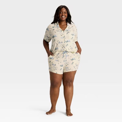 Women's Cloud Knit Modal Notch Collar Short Sleeve Top and Shorts Pajama Set - Auden™ Cream 'Tis the Skison L | Target