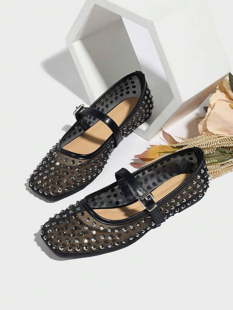 Mesh Breathable Rhinestone Ballet Flats For Women, Black Square Toe Unique Ballerina Strap Flat Marely Jane Shoes, New Design | SHEIN
