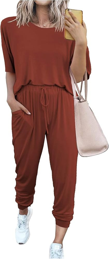 PRETTYGARDEN Women's Two Piece Outfit Short Sleeve Pullover with Drawstring Long Pants Tracksuit ... | Amazon (US)