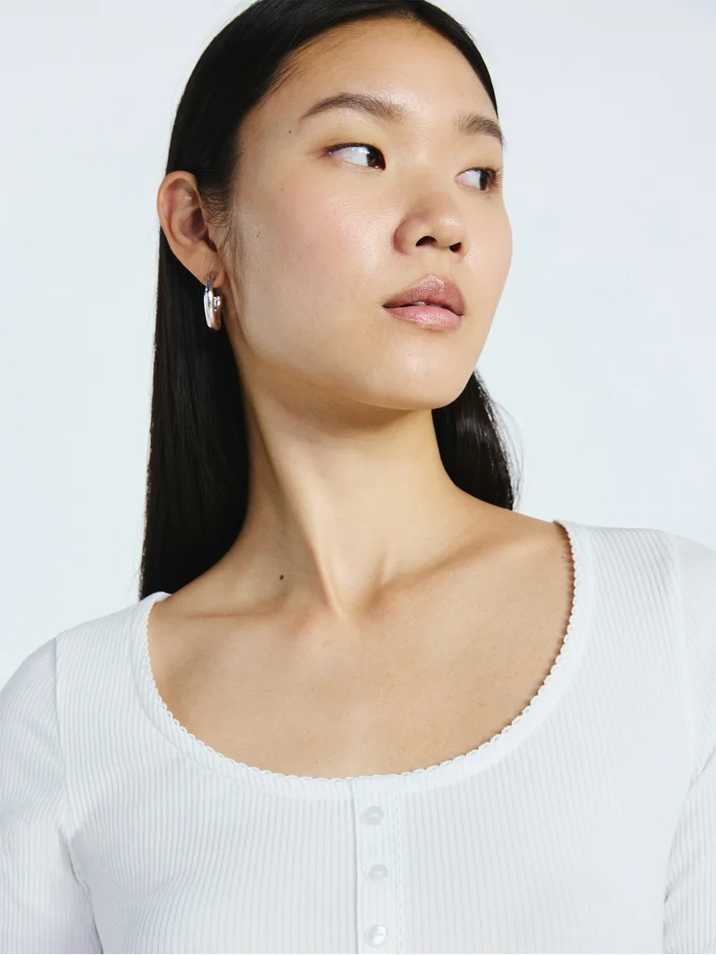 Scoop Women’s Lace Trim Scoop Neck Ribbed Tee with Long Sleeves, Sizes XS-XXL | Walmart (US)