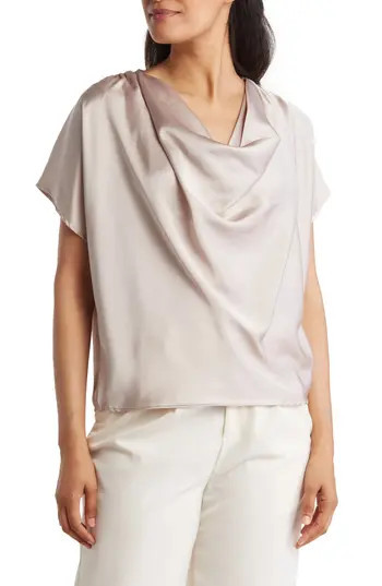 Renee C Cowl Neck Short Sleeve Satin Top in Beige at Nordstrom Rack, Size Large | Nordstrom Rack