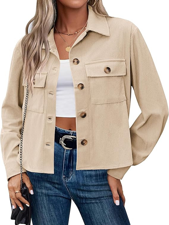 Zeagoo Womens Fashion Cropped Corduroy Shackets Button Down Jackets Tops Fall Trendy Long Sleeve ... | Amazon (US)