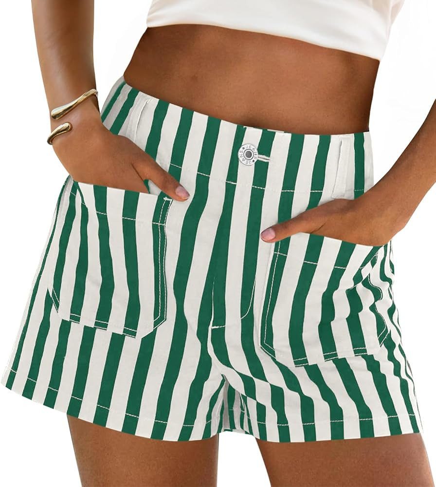 Cicy Bell Womens Summer Striped Shorts High Waisted Jorts Wide Leg Jeans | Amazon (US)