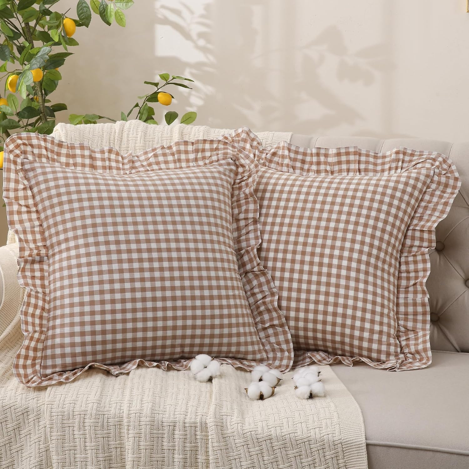 Cotton Tan Gingham Throw Ruffle Pillow Covers Linen Like, 24x24 | Amazon (US)