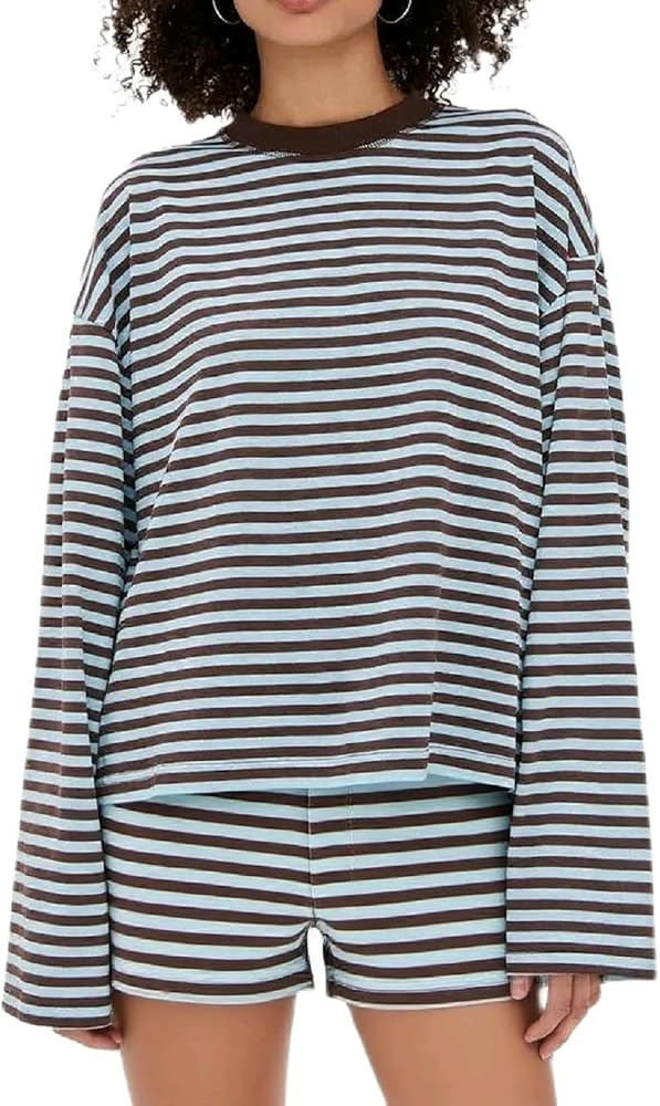ROAONOCOMO Women Y2K Striped Lounge Set Long Sleeve Oversized Sweatshirt Shorts Color Block 2 Pie... | Amazon (US)