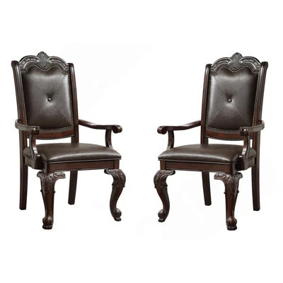 2pc Armchair Beautifully Detailed Frames Luxurious Faux Leather Upholstery Dark Rich Brown Wood Dining Furniture | Wayfair North America