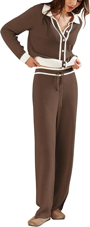 Viottiset Women's 2 Piece Outfits Sweatsuit Set Long Sleeve Button Sweatshirt Wide Leg Sweatpants... | Amazon (US)