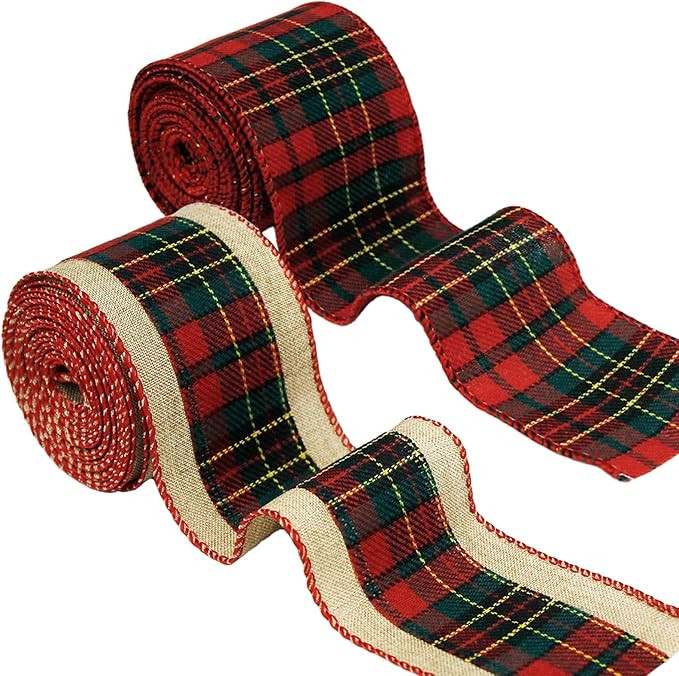 2 Pcs Plaid Ribbon Christmas Ribbon Red Green Tartan Plaid for Christmas Tree Bow Making Festival... | Amazon (US)