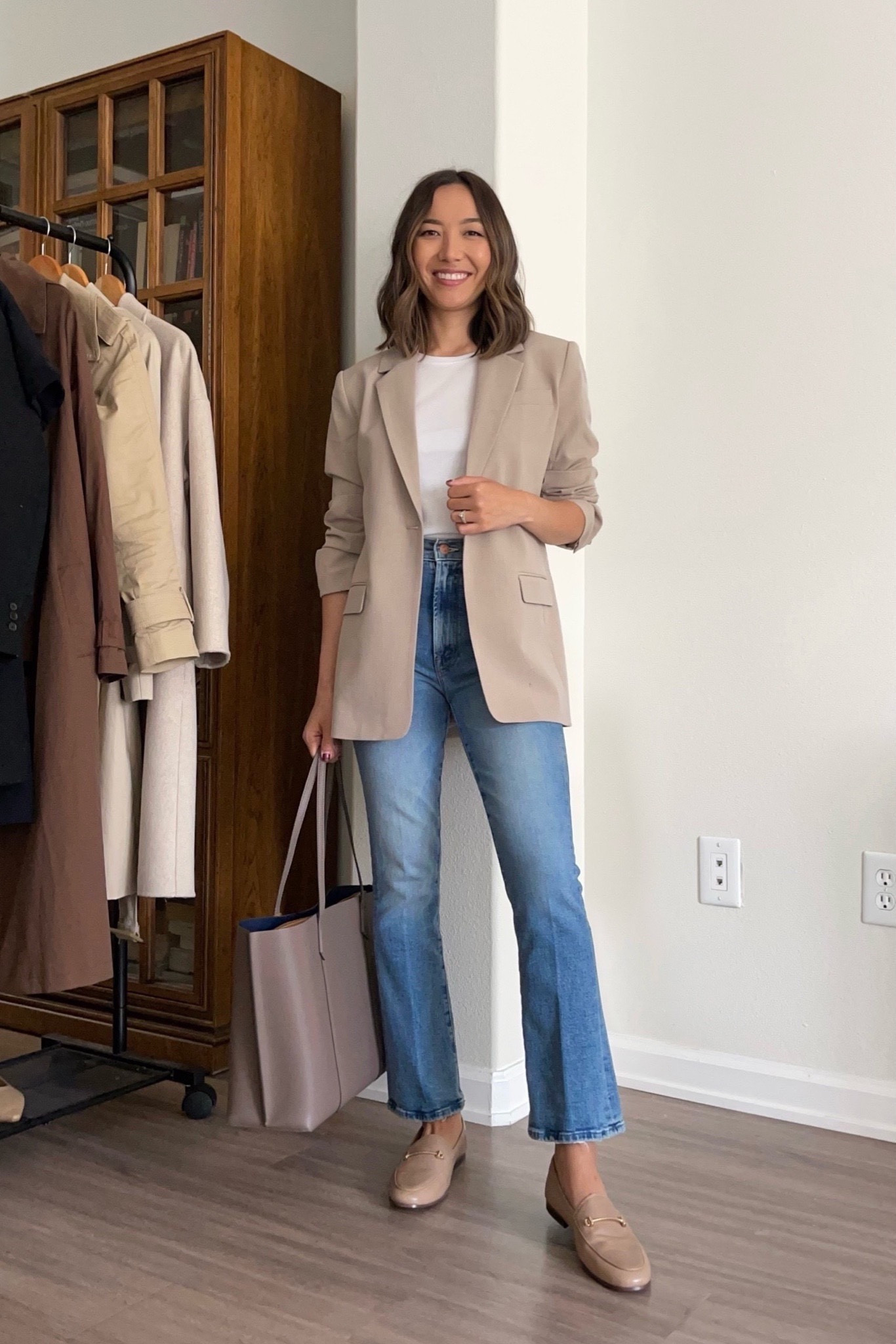 Business casual workwear/office outfit with jeans 

• beige blazer - xs 
• tee - xs 
• jeans - wearing true size 25 
• loafers - sold out, linked to new style that is very similar 

Included other shoe recommendations 

#LTKunder100 #LTKworkwear #LTKstyletip