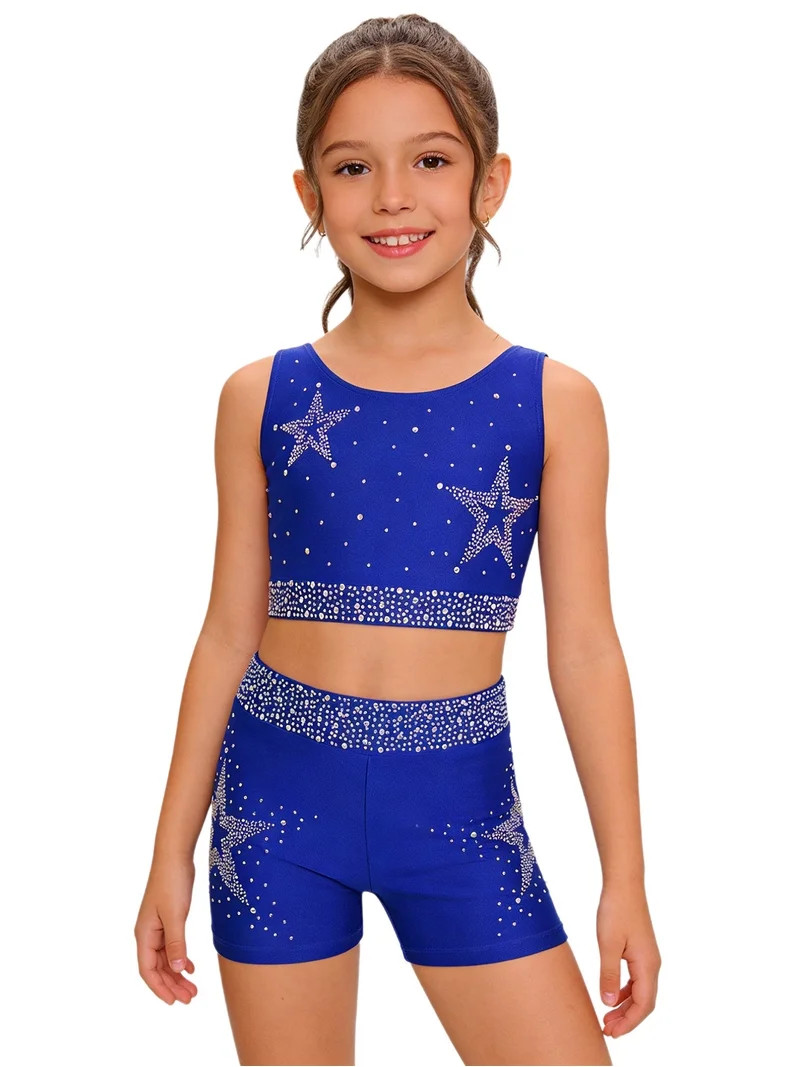 Hansber Kids Girls Cheerleading Outfits Shiny Rhinestones Dance Crop Top and Gymnastics Shorts Se... | Walmart (US)