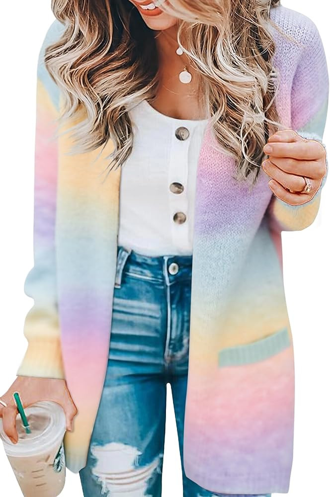 ECOWISH Cardigan Sweaters for Women Fall Causal Color Block Striped Long Sleeve Open Front Cozy K... | Amazon (US)