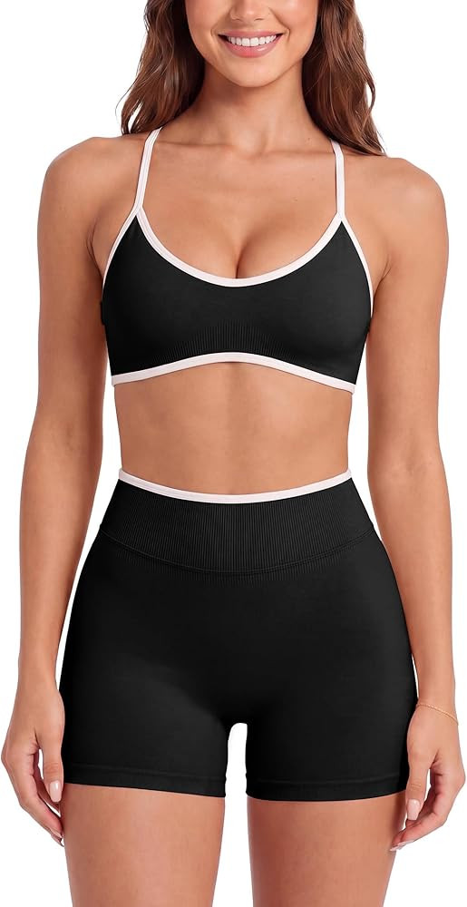 ABOCIW Womens Two Piece Workout Sets Color Block Sports Bra Seamless Hidden Scrunc Butt Lifting B... | Amazon (US)