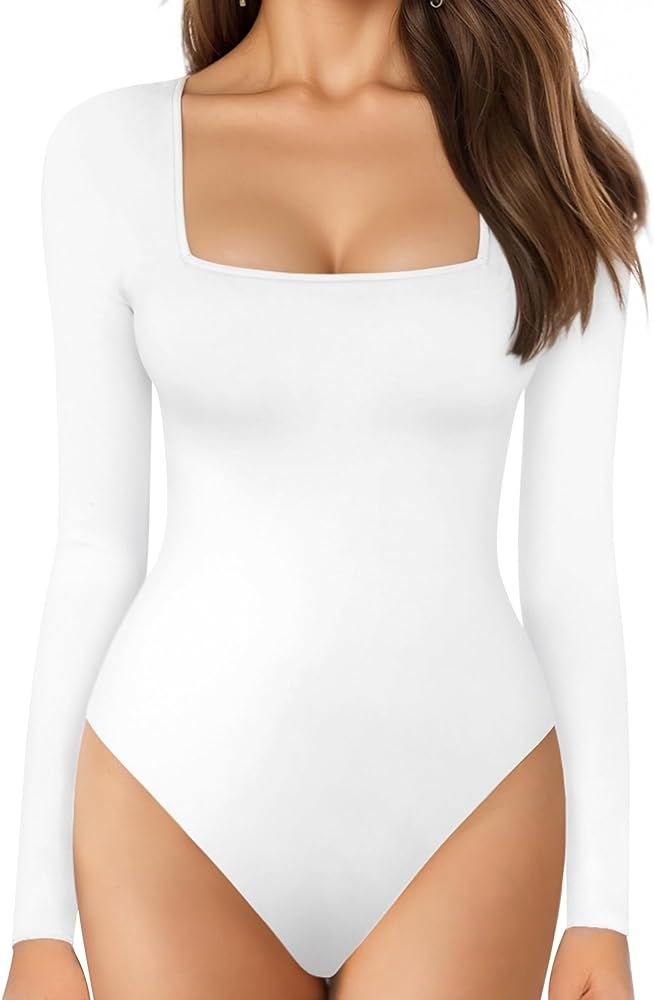 MANGOPOP Women's Square Neck Long Sleeve Tops Bodysuit | Amazon (US)