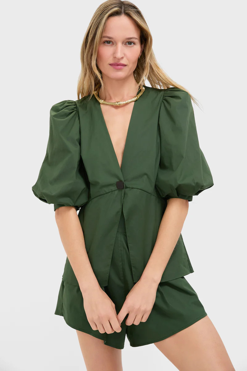 Green Solid Puff-Sleeved Blouse | Tuckernuck (US)