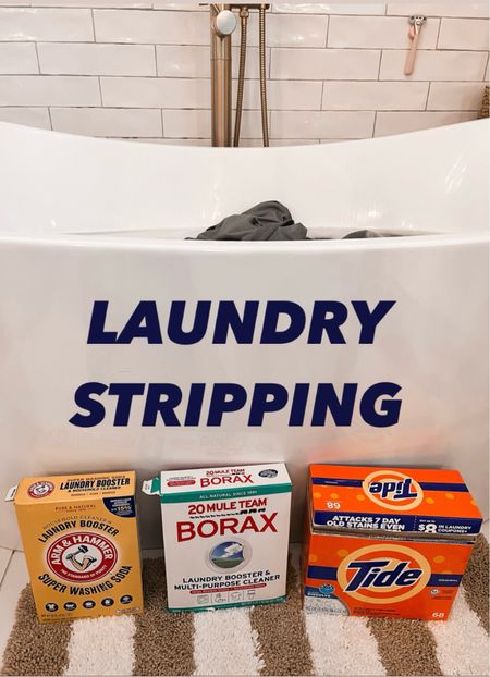 The three products you need for laundry stripping: washing soda, borax and powdered detergent. 1/4 cup each of the washing soda and borax and half a cup of tide.  Screaming hot water in a bathtub and stir once an hour for 5 hours  