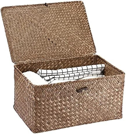 Hipiwe Wicker Shelf Baskets Bin with Lid, Handwoven Seagrass Basket Storage Bins Rectangular Hous... | Amazon (US)