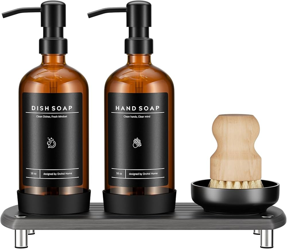 [Luxury] Kitchen Soap Dispenser Set - 16OZ Amber Glass Bottle, Stainless Steel Pump, Instant Dry ... | Amazon (US)