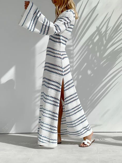 Nina Knitted Stripe Dress | White & Blue | Vita Grace