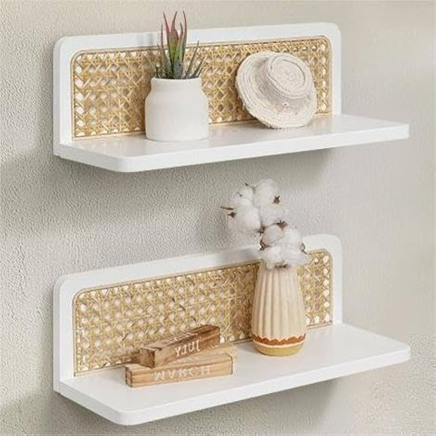 Rattan Wall Shelf 16inch Set of 2, Handmade White Floating Shelves Boho Wall Decor, Rustic Wood C... | Amazon (US)
