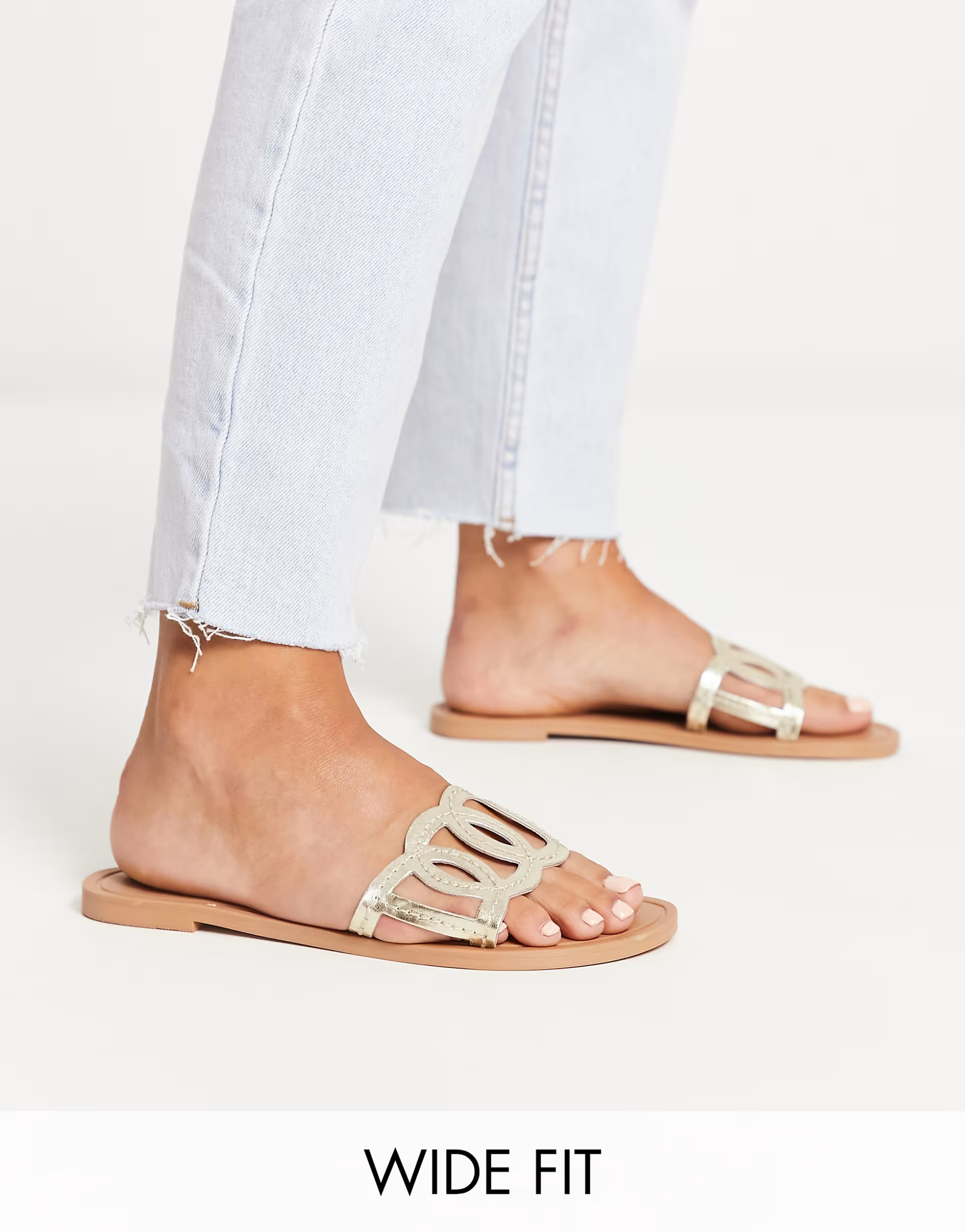 ASOS DESIGN Wide fit Frappe flat sandal in gold | ASOS (Global)