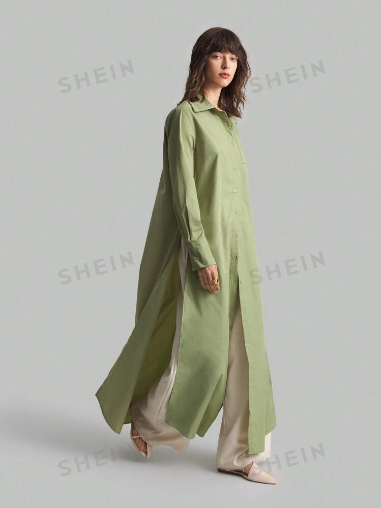 Ontre Women's Spring/Summer Solid Color Long Sleeve Side Split Longline Daily/Commute/Casual Shir... | SHEIN