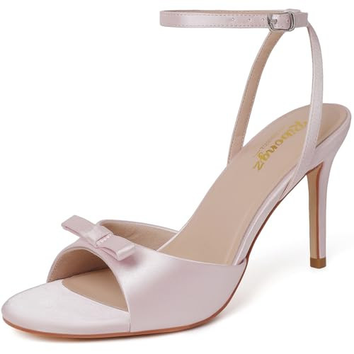 RIBONGZ Women's High Light Pink Heels Round Open Toe Sexy Kitten Sandals Stiletto Heeled Pumps Ankle Strap Bridal Shoes with Bow Summer Wedding Party Casual Office Work 10.5 | Amazon (US)