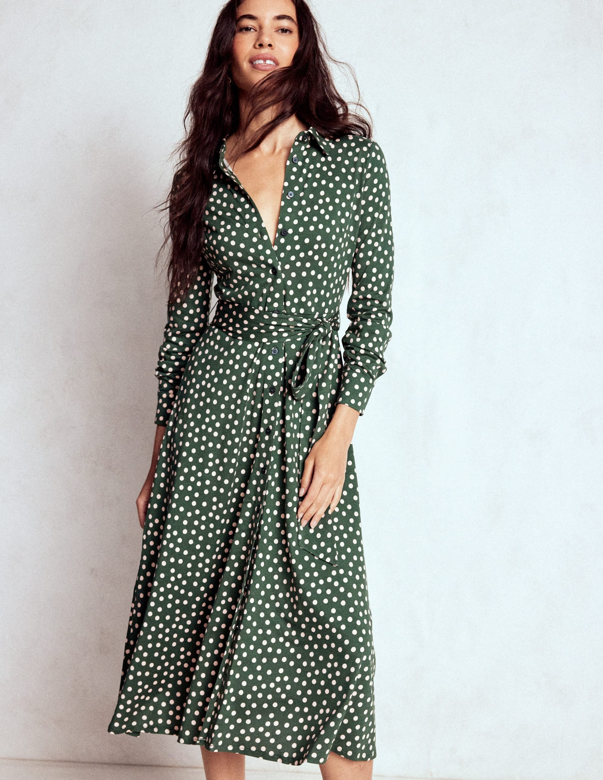 Marcia Jersey Shirt Dress-Hunter Green, Painted Dot | Boden (US)