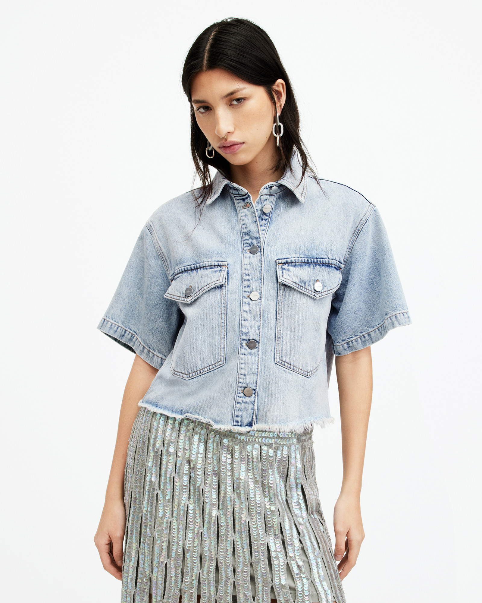 Tove Cropped Oversized Denim Shirt Light Indigo | ALLSAINTS | AllSaints UK