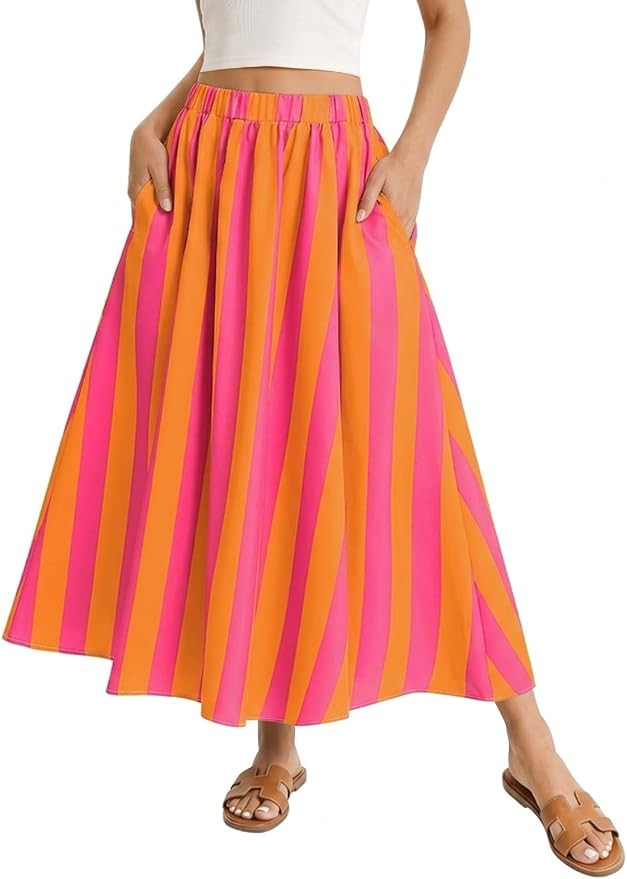Womens Striped Maxi Skirts Summer Vacation A Line Flowy Elastic Waist Long Skirt Beach Casual Out... | Amazon (US)