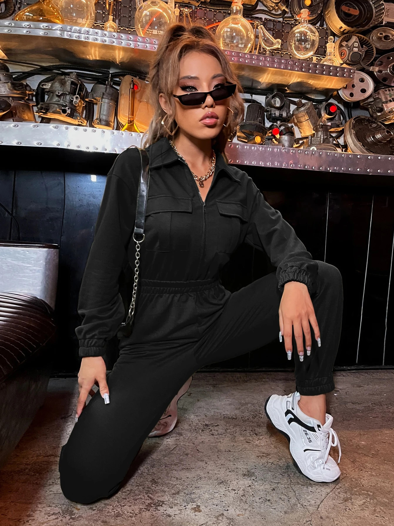 Zip Up Drop Shoulder Flap Pocket Jumpsuit | SHEIN