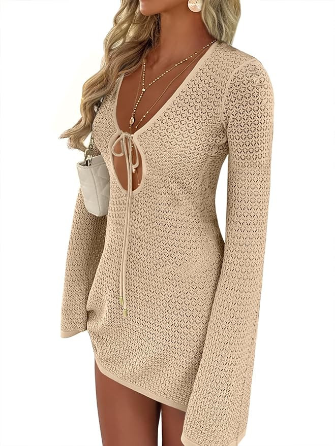 ANRABESS Women’s Crochet Swimsuit Cover Up, V Neck Mesh Knit Beach Dress, Long Sleeve Summer Va... | Amazon (US)