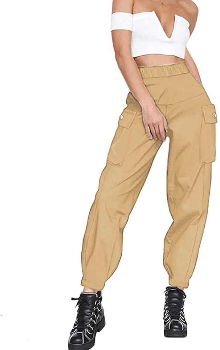 guyueqiqin Women's Cargo Pants, Casual Outdoor Solid Color Elastic High Waisted Baggy Jogger Workout Pants with Pockets | Amazon (US)