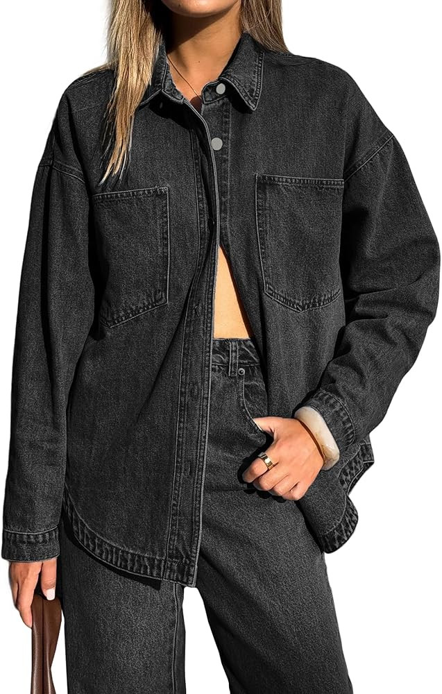 EMMIOL Women Denim Shirts Oversized Long Sleeve Button Down Blouse Distresse Jean Jacket Fall Out... | Amazon (US)