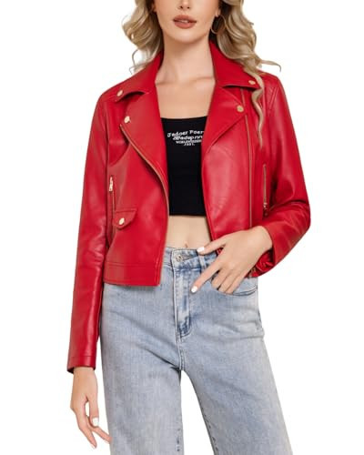 WYOYW Faux Leather Jacket For Women PU Cropped Moto Biker Coat Zip Up Slim Motorcycle Jacket Red M | Amazon (US)