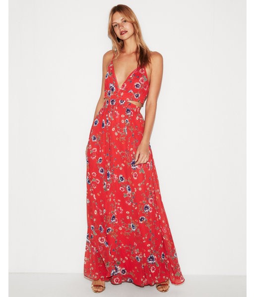 Express Womens Petite Floral Cut-Out Elastic Waist Maxi Dress | Express
