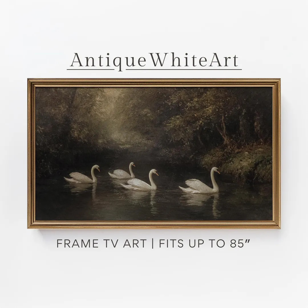 Swan Lake, Samsung Frame TV Art, Vintage Moody Painting, Antique Dark TV Art, Autumn Landscape, F... | Etsy (Global)