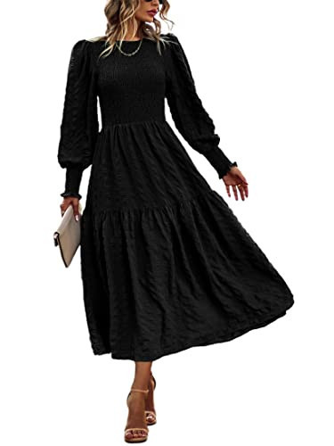 PRETTYGARDEN Women 2026 Spring Puff Long Sleeve Crewneck Smocked Maxi Dress Empire Waist Tiered A-line Swing Flowy Long Dress(Black,Medium) | Amazon (US)