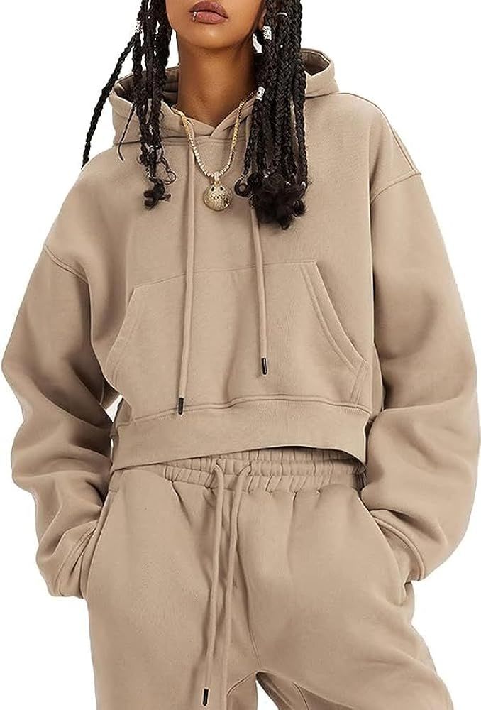 PEHMEA Women's 2 Piece Outfits Hoodies Crop Pullover and Joggers Pants Fleece Tracksuit Sweatsuit... | Amazon (US)