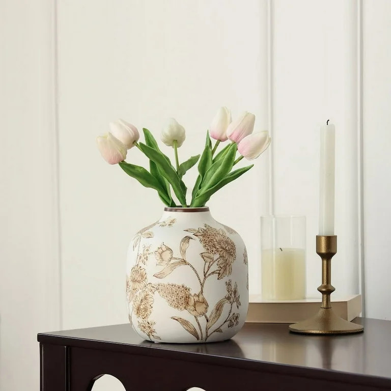 Home Decor Collection White Ceramic Brown Floral Painted Tabletop Vase - Walmart.com | Walmart (US)