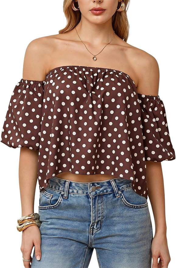 Verdusa Women's Polka Dots Off The Shoulder Blouses Puff Sleeve Tops Summer Brunch Outfits | Amazon (US)