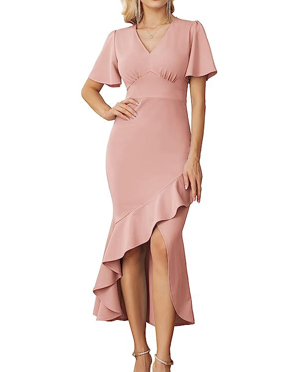 GRACE KARIN 2023 Elegant Ruffle Mermaid Formal Wedding Guest Dress Short Sleeve V-Neck Cocktail D... | Amazon (US)