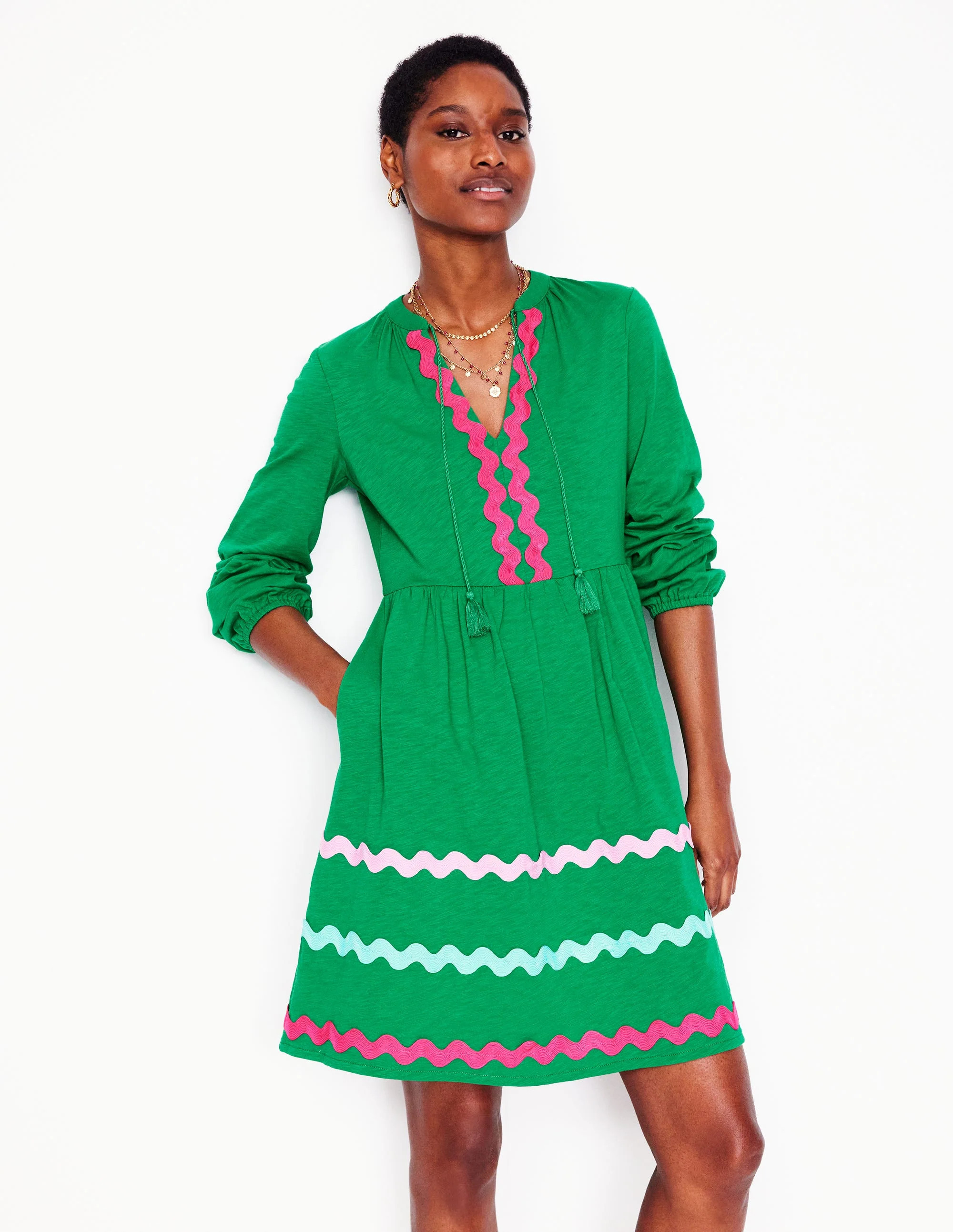 Corinna Ric Rac Jersey Dress-Rich Emerald | Boden (US)