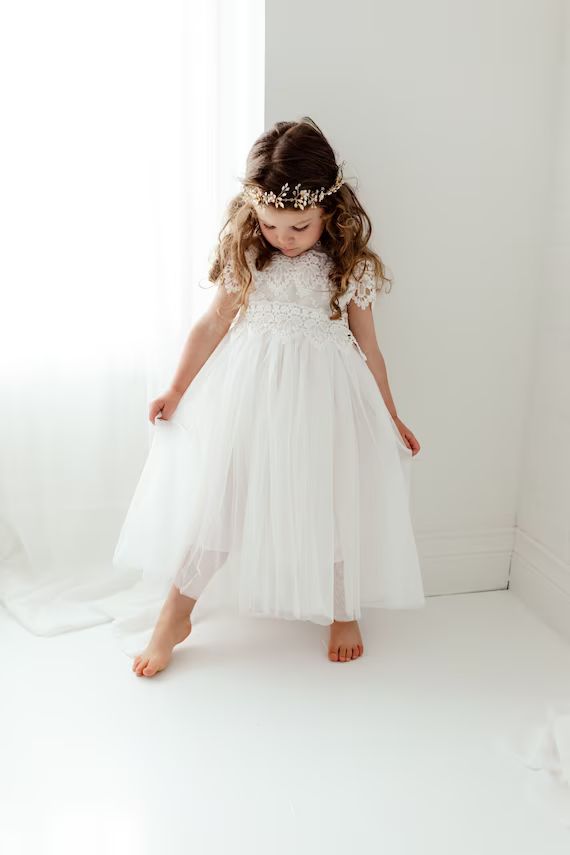 Boho White Lace Flower Girl Dress Romantic Toddler Tulle | Etsy | Etsy (US)