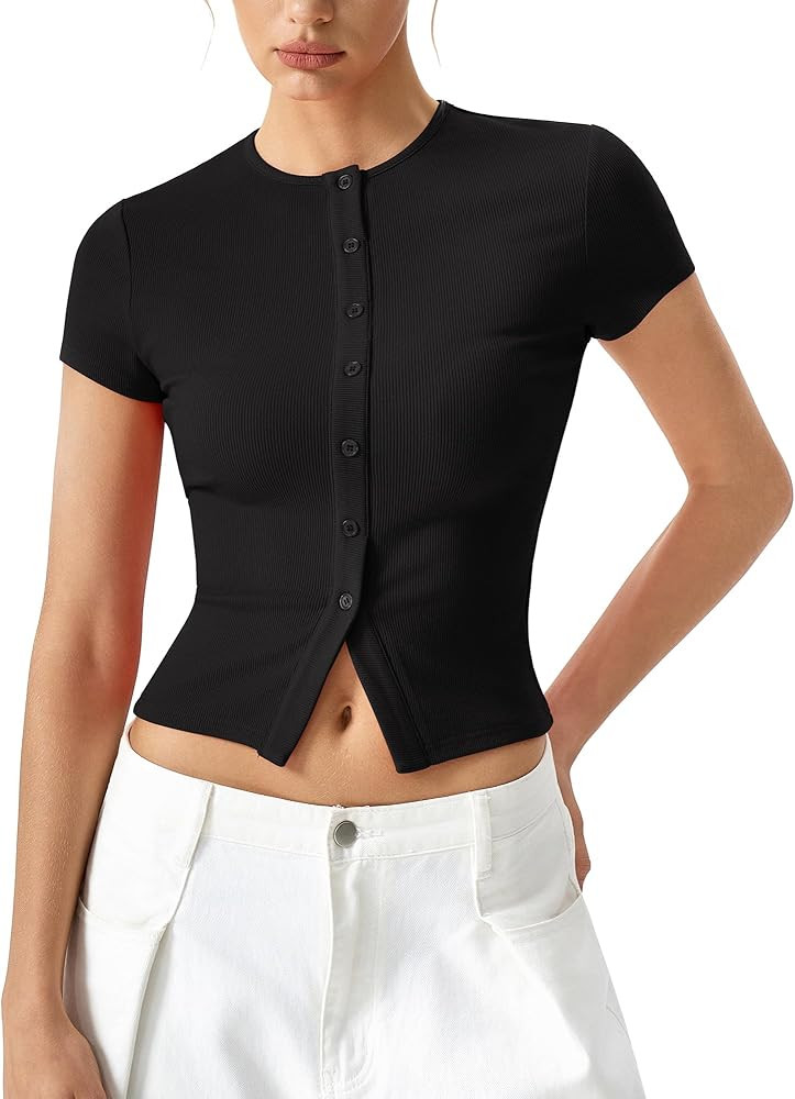 QINSEN Women's Crewneck Short Sleeve T Shirts Ribbed Button Going Out Trendy Tops | Amazon (US)